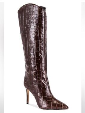 New Schutz Maryana Chocolate Brown Crocodile Knee High Heeled Boots Size 9